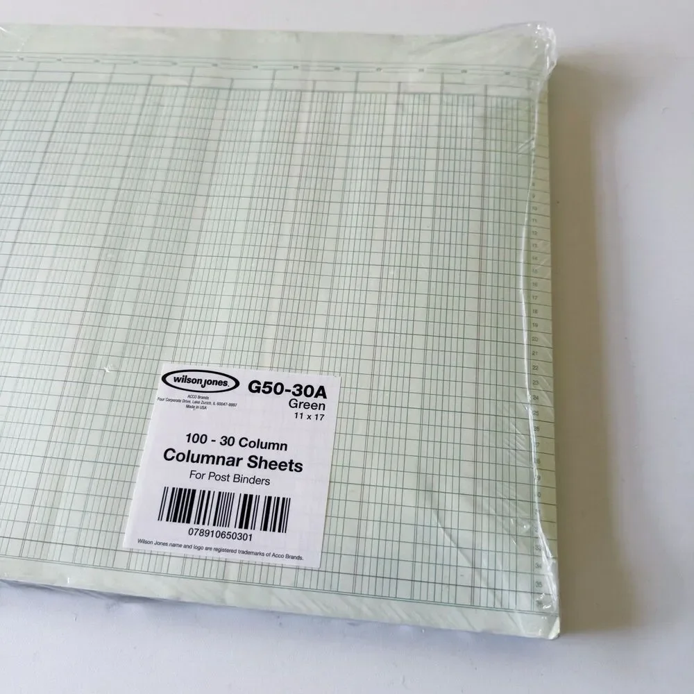 Wilson Jones G5030 Accounting Sheets, 30 Columns, 11 x 11 x 17 inches, Green NEW